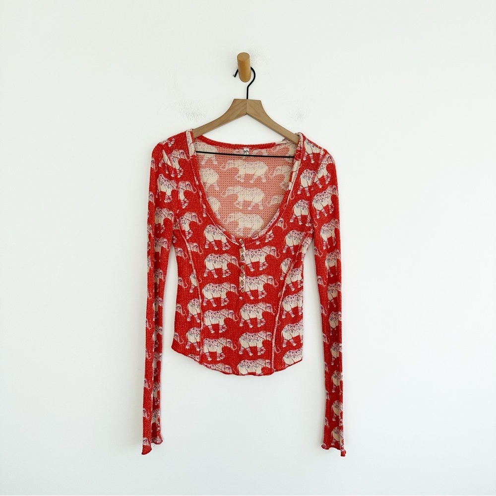 Intimately Free People Home All Day Elephant Thermal Pajama Top Small Orange